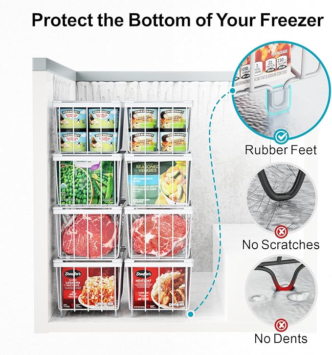 iSPECLE Deep Freezer Organizer Bins - 4 Pack Small Stackable Freezer Baskets for 7 Cu.ft Chest Freezer, Easy Access Food No More Digging, Sturdy Metal Metal Wire Basket Not Scratch Bottom, White