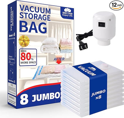 ZoeEnjoyLife Vacuum Storage Bags with Electric Pump,8 Pack Extra Large Space Saving Vacuum Seal Bags for Bedding,Blanket,Comforters,Duvets,Pillows(8 Jumbo)