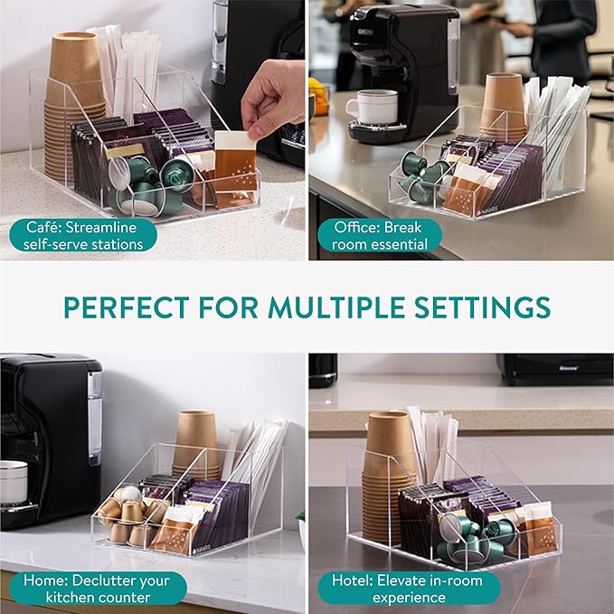 Navaris 4 Compartment Coffee Organiser - Sugar, Creamer, Tea Supplies - Office & Kitchen Countertop Organisation