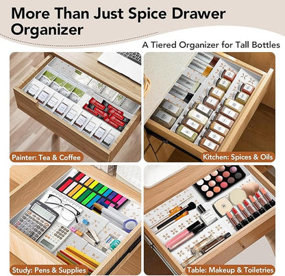 Idcymoul Spice Drawer Organizer 3-Tier Expandable (11"-22" Wide), Spice Rack for Cabinet with Funnel & Spice Labels, Fits Large Jars, Seasoning Storage Insert Design for Cabinet & Drawer (White)
