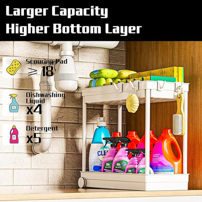 2 Pack Under Sink Organizer, 2 Tier Bathroom Cabinet Organizers and Storage with Hook, Multi-purpose Storage Basket Shelf for Kitchen (Frost White, 2 Pack)
