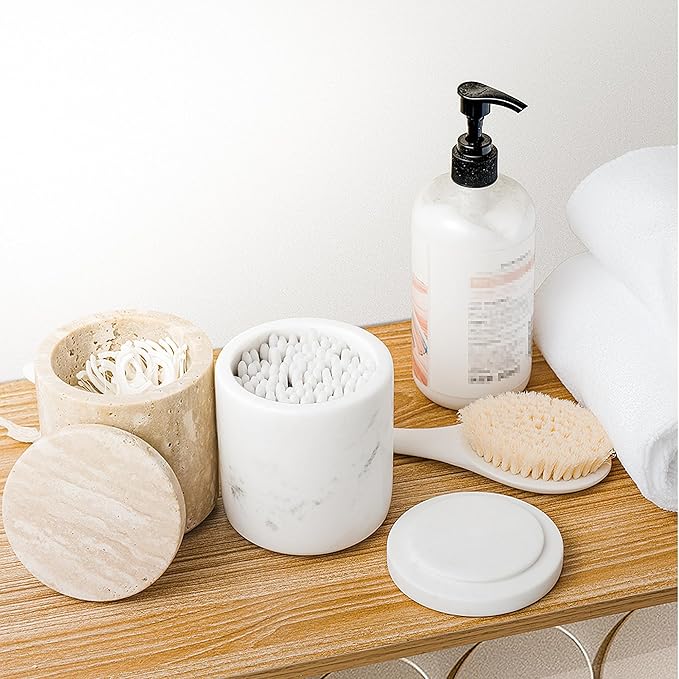 WORHE Travertine Qtip Holder Dispenser with Lid for Cotton Swabs,Balls,Pads,Floss Picks Large Capacity Marble Apothecary Jar for Bathroom Essentials Decor, Vanity Makeup Storage Organizer Beige(WH050)