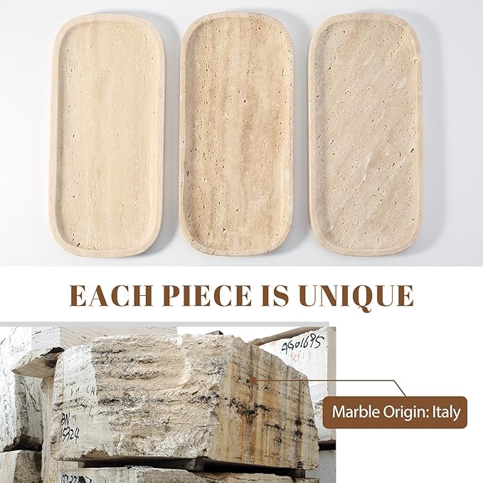 Koville Travertine Tray, 10"x5" Marble Vanity Tray for Bathroom Countertop Kitchen Sink, Rectangular Stone Tray for Perfume Fragrance, Decorative Catchall Tray Jewelry Cosmetics Organizer(Beige)
