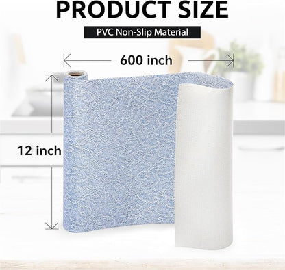 FIFTY FEET 12X600 Inch Shelf Liner with Scissor & Tape Measure for Kitchen Cabinets, PVC Drawer Liner for Dresser Non-Slip Bathroom, Non-Adhesive Cabinet Liner Washable (Pale Blue)
