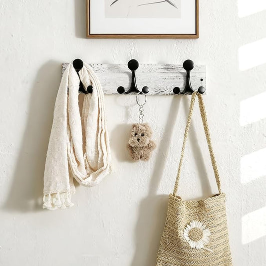 SKOLOO 17-Inch Wood Coat Rack Wall Mount with 3 Triple Hooks - Ideal for Family Entrances, Classrooms, and Pet Supplies Storage - Perfect Coat Hooks for Wall,Distressed White Wash