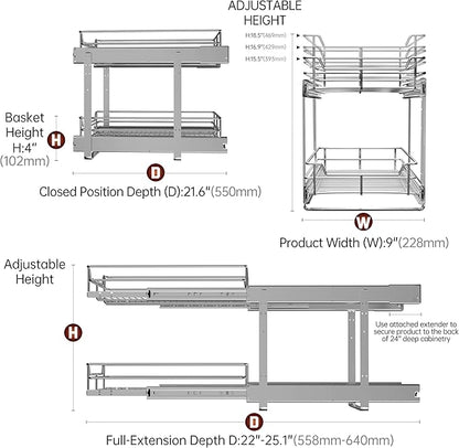 2-Tier Individual Cabinet Pull Out Shelves (9" W x 22" D), Slide Out Kitchen Panty Narrow Cabinet Storage Sliding Shelves