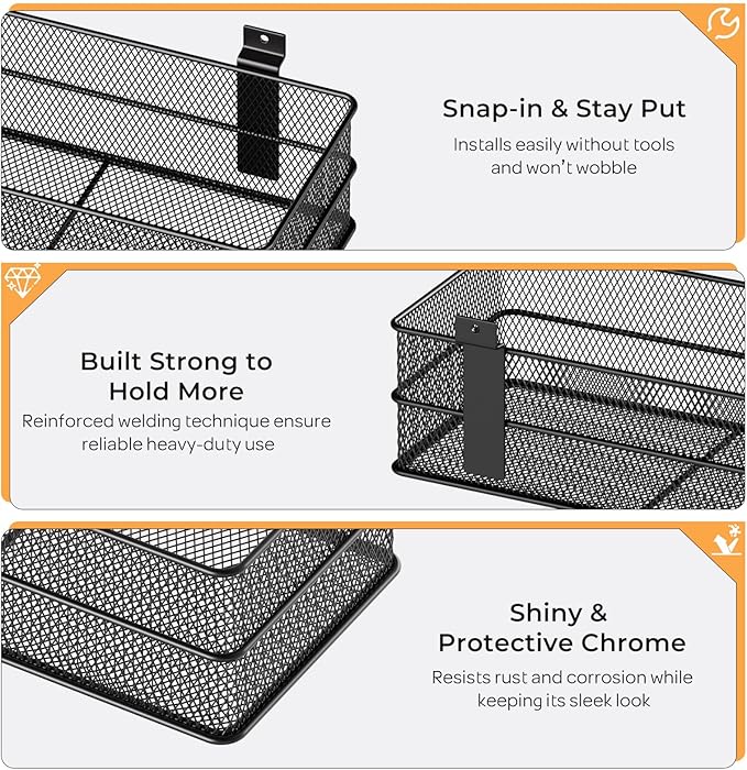 INCLY 4 Pack Upgrade Slatwall Baskets, Heavy Duty Metal Mesh Slat Wall Basket, Mounted Hanging Storage Slatwall Accessories for Garage Organizing Shop Display on Slat Wall Panels