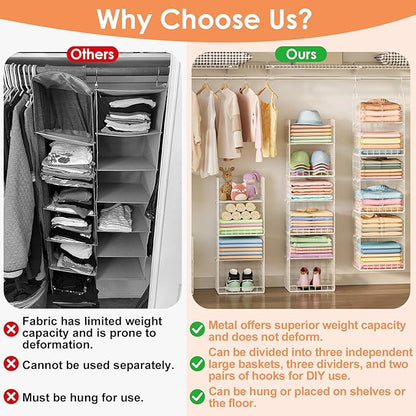 6 Tier Hanging Closet Organizer, Sweater Organizer for Closet, Stackable Wire Storage Basket Bins for Clothes Purse Shoes, Hanging Shelves with 4 Hooks & 3 Dividers Adjustable
