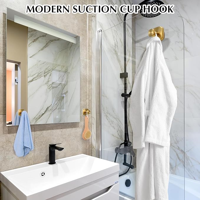 warlve Suction Cup Hooks for Shower - Reusable No-Drill Mounting - Hooks for Towels, Robes & Loofah on Metal, Glass, Mirrors, Tile & Smooth Non-Porous Surfaces (4, Brushed Gold)