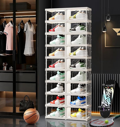 CIMLORD 9-Tier 18-Pairs Foldable Shoe Rack with Magnetic Doors,4-Sided Clear Design,Taller Storage for High Shoes & Sneakers,Stackable Shoe Storage Cabinet Space-Saving Organizer for Closet,Cloakroom