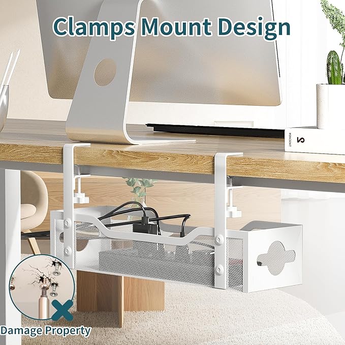 Under Desk Cable Management Tray 3 Pack, Cable Management Under Desk No Drill, Cable Organizer with Clamp for Wire Management, Cord Organizer for Office, Home - No Damage to Table (White)