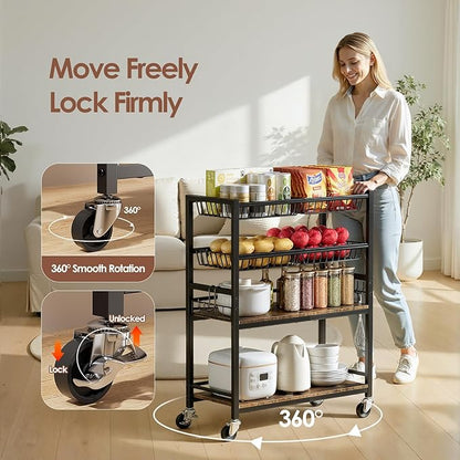 Fruit Vegetable Storage Cart, 4-Tier Rolling Kitchen Storage Cart, Fruit & Vegetables Basket Stand, Snack Organizer Shelf Unit for Kitchen, Bathroom, Living Room, Office, Balcony, Black