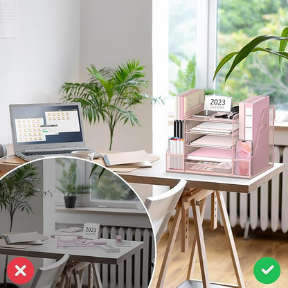 SUPEASY Mesh Desk Organizer with File Holder, 5-Tier Paper Letter Tray Organizer with Magazine Holder, Desktop Organizer and Storage with Drawer for Office Supplies Home or School (Pink)