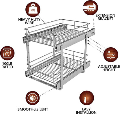 2-Tier Individual Cabinet Pull Out Shelves (9" W x 22" D), Slide Out Kitchen Panty Narrow Cabinet Storage Sliding Shelves