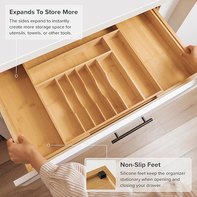KitchenEdge Premium Silverware, Flatware and Utensil Organizer for Kitchen Drawers, Food-Safe Contract Grade, Expandable from 18 to 33 In, Natural Bamboo