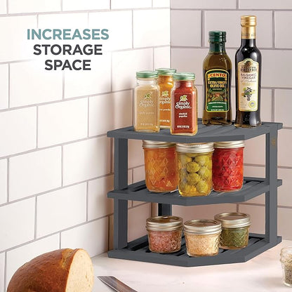 Cabinet Organizer Shelf - Bamboo Corner Rack for Kitchen Counter, Cabinet Space Saver for Plates, Dishes, Bowls, Bread Pantry, Bathroom Storage or Countertop Stand, Grey