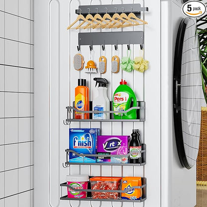 5 Pack Magnetic Shelves for Washing Machine & Refrigerator, Paper towel holder, Movable Powerful Magnetic Spice Racks with Unique Hollow Design, for Laundry Room and Kitchen Organization (Grey)
