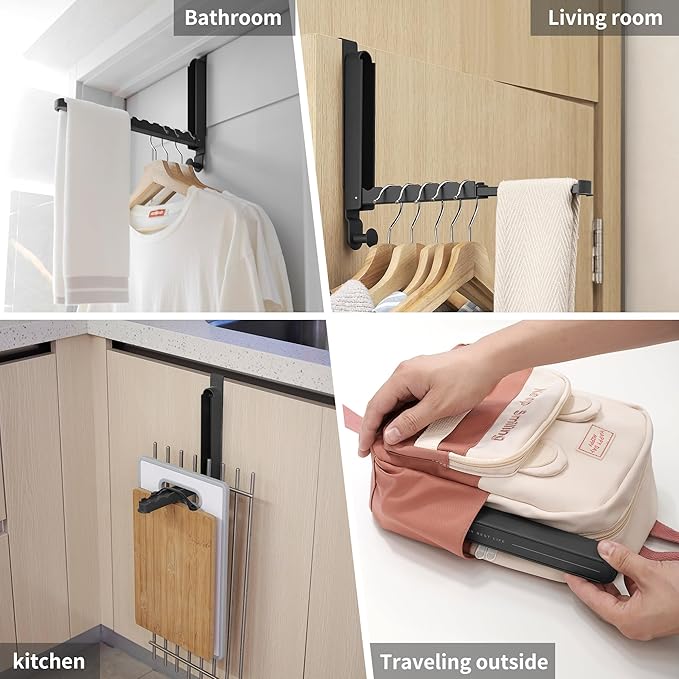 Clothes Drying Rack Foldable Fit Door up to 1 3/8" Optimal 2pc,Over The Door Hanger with Retractable Rod,Over The Door Hanger Hooks for Laundry Bathroom Bedroom Travel Hangers(Black, 2 Pack)