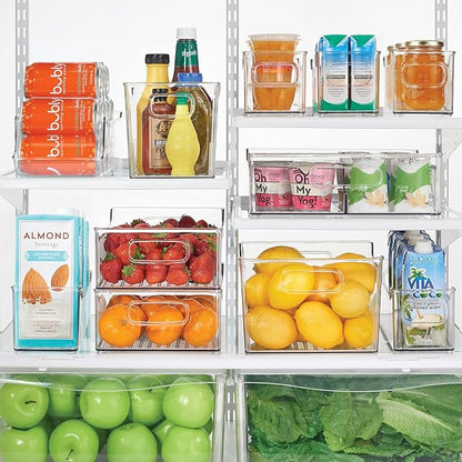 mDesign Wide Plastic Kitchen Storage Container Bins with Handles -Organization in Pantry, Cabinet, Refrigerator or Freezer Shelves - Food Organizer for Fruit, Yogurt, Squeeze Pouches - 4 Pack - Clear