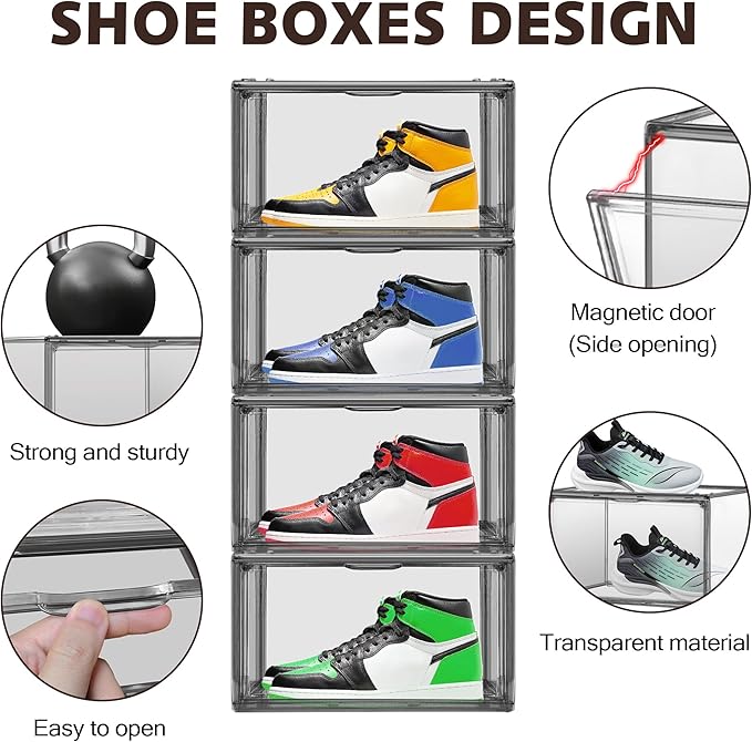 DAYOOH 1 Pack Shoe Organizers Storage Boxes for Closet Size 12.5 Shoe Box Clear Stackable Storage Bins with Lids, Under Bed Shoe Containers for Entryway, Grey