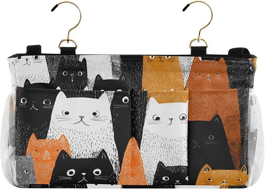 CuwrYet Bedside Caddy Hanging Bunk Bed Caddy Bed Organizer Hanging Pocket with 2 Hooks Bedside Storage Organizer Pocket Bag Holder Black and White Orange Cat