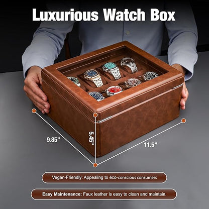 Awesometik Leather Watch Box Organizer. Real Glass Top. Luxury Watch Display & Watch Holder for Men. Watch Collection, Protection. For Men Ready to Gift (Brown/Brown, 8 Slot Watch Box with Drawer)