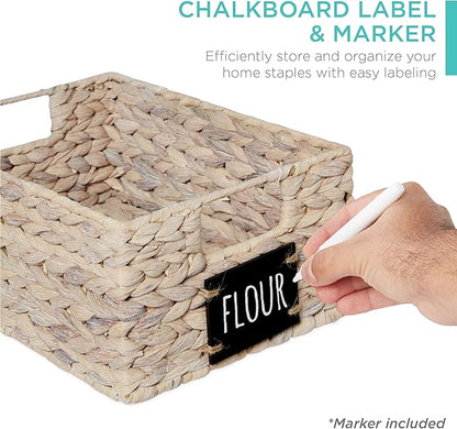 Best Choice Products Set of 4 9x12in Water Hyacinth Pantry Baskets, Woven Organizers w/Chalkboard Label, Chalk Marker - White