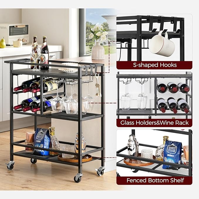 Bar Cart for Home, 3-Tier Serving Cart with Wheels and Handle, Beverage Cart with Wine Rack and Glass Holders, Rolling Wine Cart for Kitchen, Dining Room, Charcoal Gray and Black RCHT6101