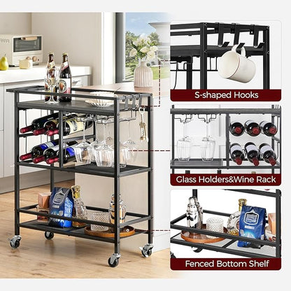 Bar Cart for Home, 3-Tier Serving Cart with Wheels and Handle, Beverage Cart with Wine Rack and Glass Holders, Rolling Wine Cart for Kitchen, Dining Room, Charcoal Gray and Black RCHT6101