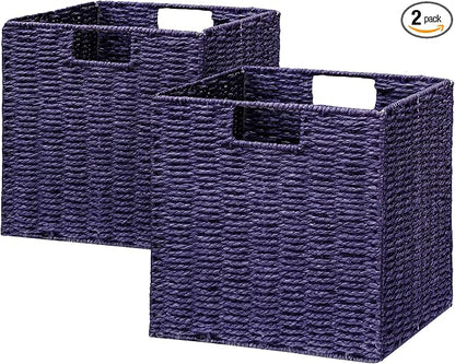 Vagusicc Wicker Storage Basket, Set of 2 Hand-Woven Paper Rope Wicker Basket, Foldable Cube Storage Bins, 9 inch Square Storage Baskets for Organizing Shelves & Decor, Purple (9″×9″×9″)