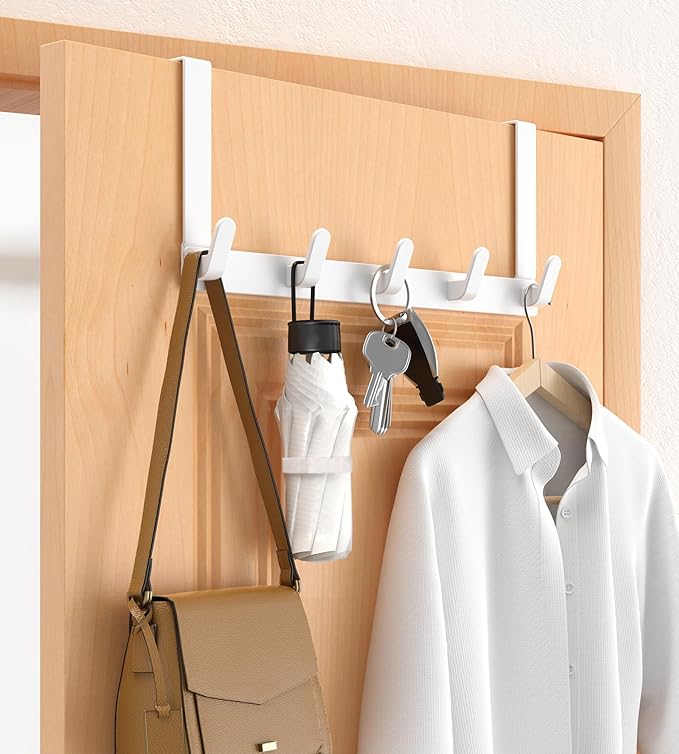 CHAUNCEY HOME Over The Door Hooks Hanger, Heavy Duty Rack for Winter Coat, Fits 1 3/8" Doors, L7U - Bathroom Accessories and Towel Organizer Holder, Glossy White