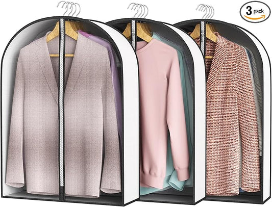 32” Garment Bags for Hanging Clothes 4” Gusseted - with Clear Window, Breathable Fabric, Metal Zipper, Suit Coat Fur Protector for Closet storage, clothes Season Off, Moving, 3 Pack