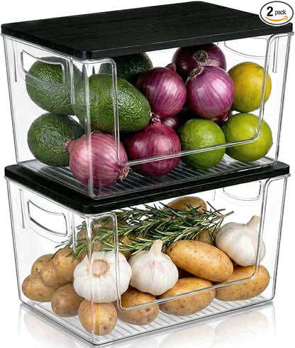 Pantry Organizers Storage, Under Sink Organizer Trash Bag Holder with Bamboo Lids Large Capacity Clear Storage Bins for Onion, Potato, Garlic, Canned Food Kitchen Countertop Organizer (Black lid)