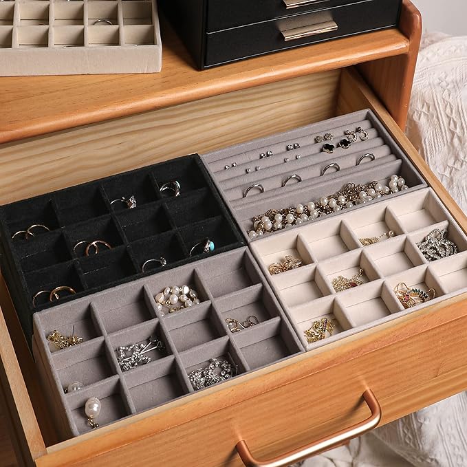 Frebeauty Jewelry Organizer Tray,Stackable Velvet Jewelry Trays,Drawer Inserts Earring Organizer For Women Jewelry Storage Display Case for Rings Stud Necklaces,Set of 6(Grey)