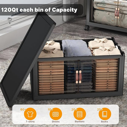 Extra Large Stackable Storage Bins with Lids & Wheels & Door, 896QT-112QT/28GAL*8Pack Foldable Collapsible Closet Organizers, Plastic containers drawers for bedroom Dorm