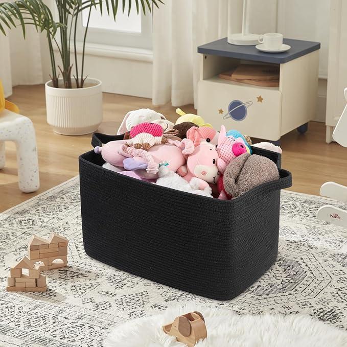 95L Large Blanket Basket, Black Blanket Storage Living Room, Rectangle Woven Baskets for Storage Toys, Towels, Dirty Clothes Organizer Bins (Black)