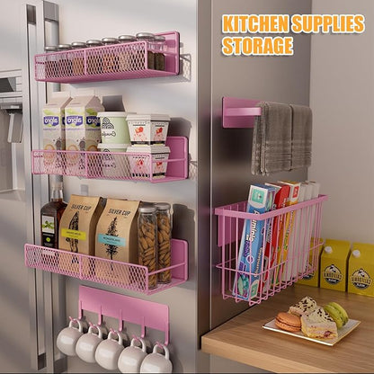 6 Pack Magnetic Shelves for Washing Machine, Magnetic Spice Rack Organizer for Refrigerator, Magnetic Shelf with Hanger Organizer, Metal Magnetic Basket, Laundry Organization and Storage, Pink