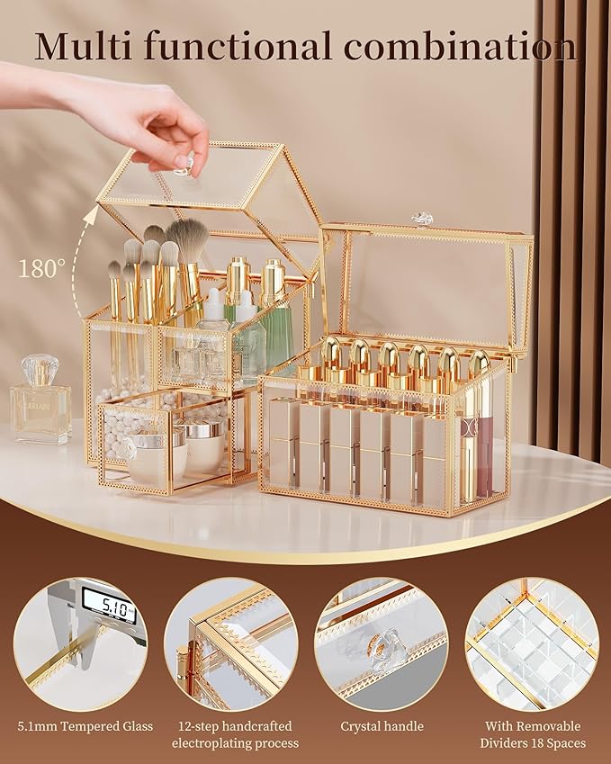 CoralHouse Glass Makeup Organizer Set – Vanity Organizer with 18-Slot Lipstick Organizer & Makeup Brush Holder with Lid – Skincare, Perfume & Cosmetic Storage for Bathroom or Dresser