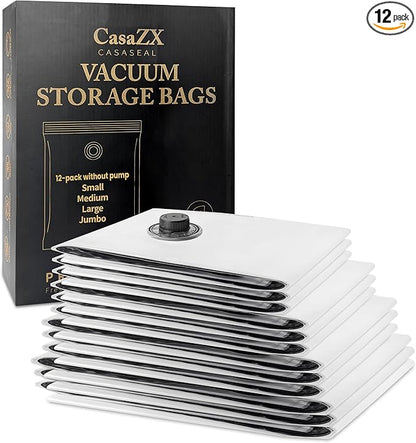 CasaZX Vacuum Storage Bags 12 Pack Without Hand Pump – Space Saver Compression Bags, Airtight Double-Zip & Triple Valve, Reusable, Lavender Freshness, Bedding, Travel (S/M/L/Jumbo) (Without Pump)