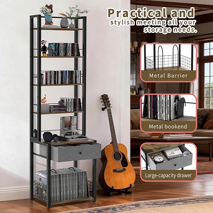 CD Storage Rack, 6-Tier DVD Organizer Shelf with Drawer & Adjustable Book Stoppers, Vinyl Record Holder &Multi-Purpose Media Organizer, Ideal for Living Room/Home Office,15.7x11.8x64.3Inch