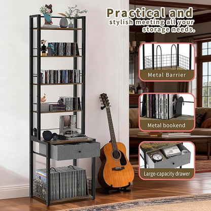 CD Storage Rack, 6-Tier DVD Organizer Shelf with Drawer & Adjustable Book Stoppers, Vinyl Record Holder &Multi-Purpose Media Organizer, Ideal for Living Room/Home Office,15.7x11.8x64.3Inch