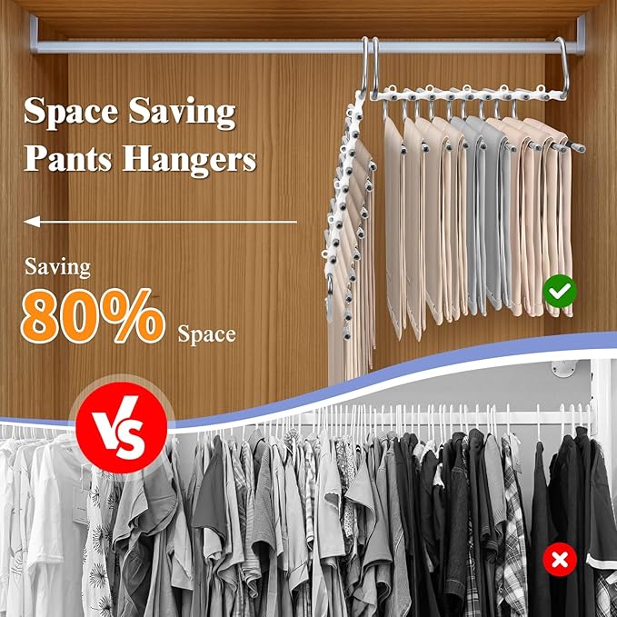 SAN LIKE 2 Pack 9 Layers Pants Hangers Space-Saving Stainless Steel Closet Hangers 20pcs Fixed Clips Non-Slip Multi-Functional Pants Rack Two Hanging Modes for Trousers Jeans Leggings Scarf Skirts