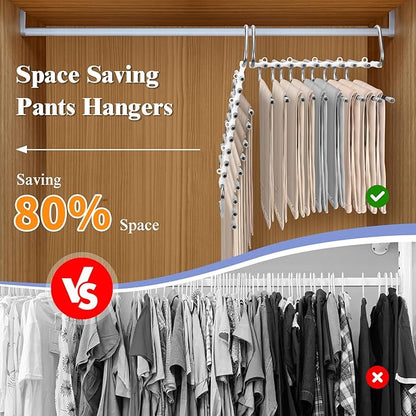 SAN LIKE 2 Pack 9 Layers Pants Hangers Space-Saving Stainless Steel Closet Hangers 20pcs Fixed Clips Non-Slip Multi-Functional Pants Rack Two Hanging Modes for Trousers Jeans Leggings Scarf Skirts