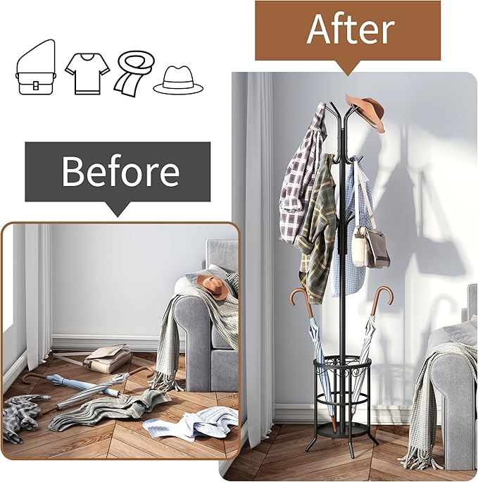 FILWH Coat Rack Freestanding with Umbrella Stand Coat Rack Stand with 12 Hooks Metal Coat Tree Coat and Hat Hanger Jacket Entryway(Black)