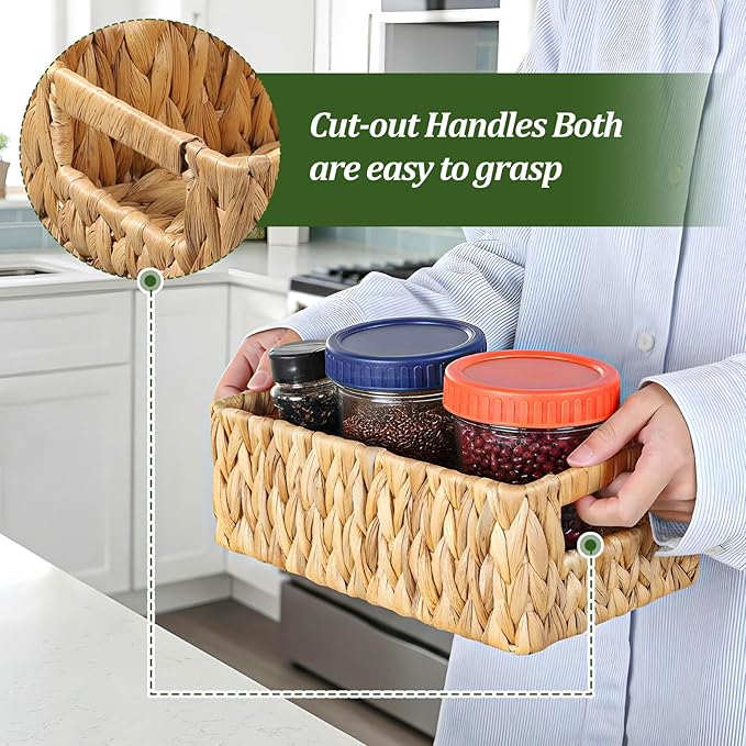 Water Hyacinth Baskets for Shelves Rattan Woven Basket Storage Organizer Bins with Built-in Handles Decorative Shallow Rectangle Pantry Organizers for Organizing Countertop Bathroom