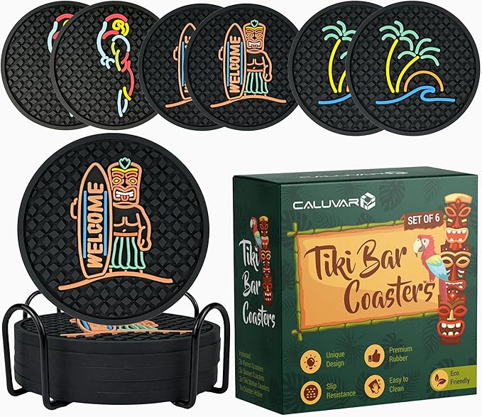 Tiki Bar Coasters Set of 6 with Holder, Tiki Bar Decor Silicone Coasters with Surfboard Warrior, Wave & Palm Tree and Parrot Designs, Hawaiian Decor Black Coasters, Outdoor Tiki Bar Rubber Decorations