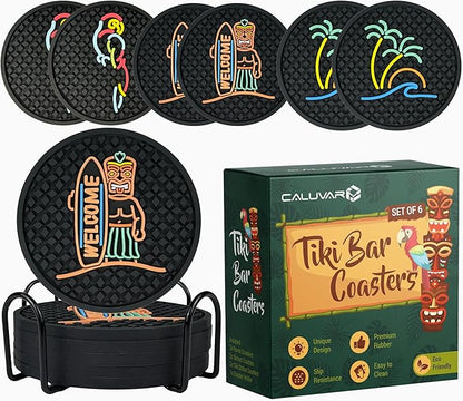 Tiki Bar Coasters Set of 6 with Holder, Tiki Bar Decor Silicone Coasters with Surfboard Warrior, Wave & Palm Tree and Parrot Designs, Hawaiian Decor Black Coasters, Outdoor Tiki Bar Rubber Decorations