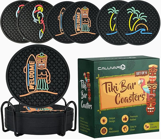 Tiki Bar Coasters Set of 6 with Holder, Tiki Bar Decor Silicone Coasters with Surfboard Warrior, Wave & Palm Tree and Parrot Designs, Hawaiian Decor Black Coasters, Outdoor Tiki Bar Rubber Decorations