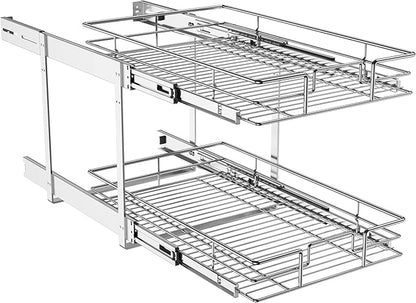 LOVMOR Individual Pull Out Cabinet Organizer, 2 Tier Cabinet Drawers Slide Out, Pots and Pans Organizer and Storage Pantry Shelf for Kitchen (14" W x 21" D)