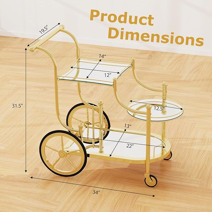 DORTALA Rolling Serving Cart, 3-Tier Metal Bar Cart with Tempered Glass, 4 Wheels Tea Serving Bar Cart for Livingroom, Kitchen, Gold